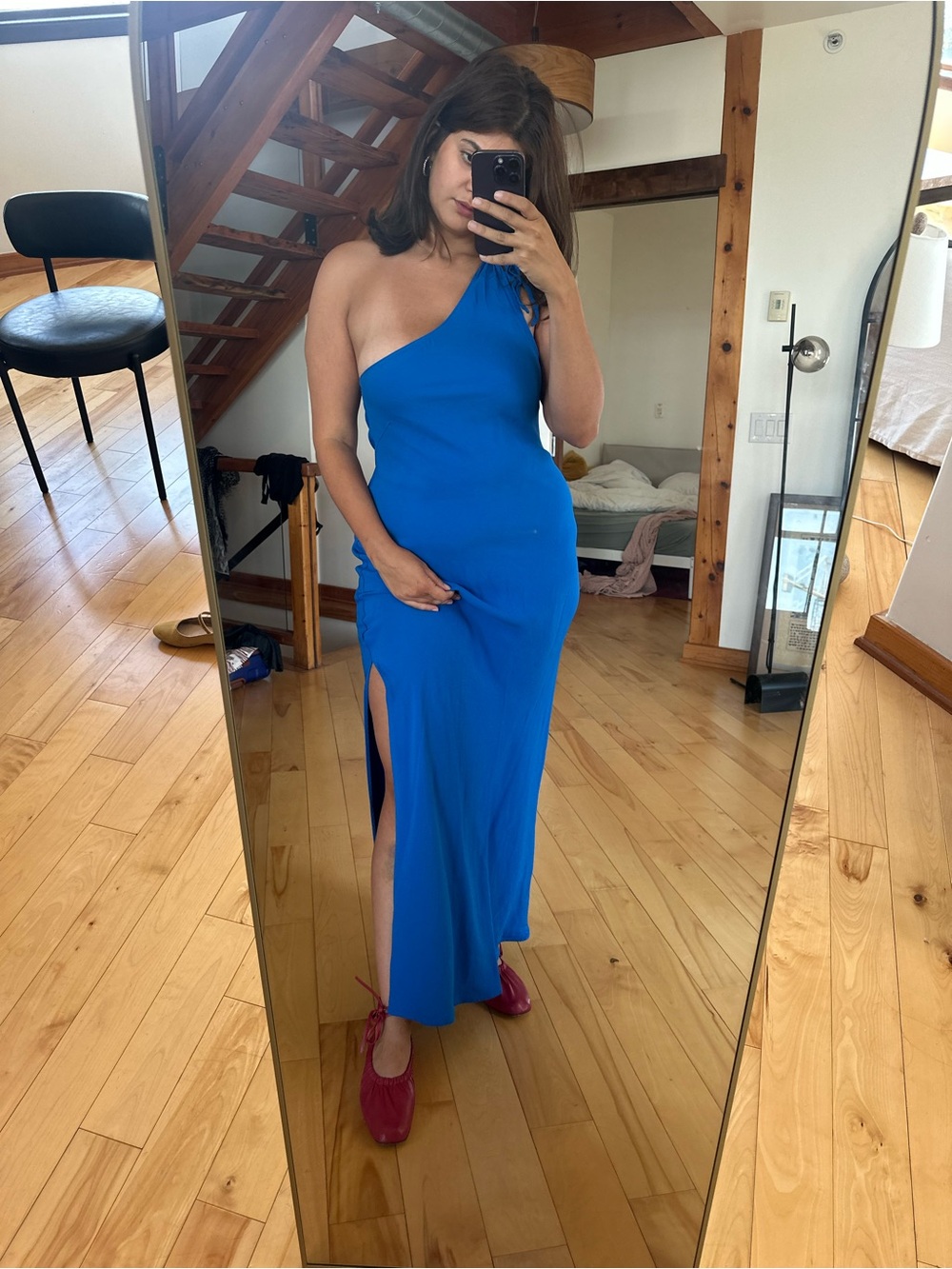 Mango One-Shoulder Royal Blue Maxi Dress with Side Slit